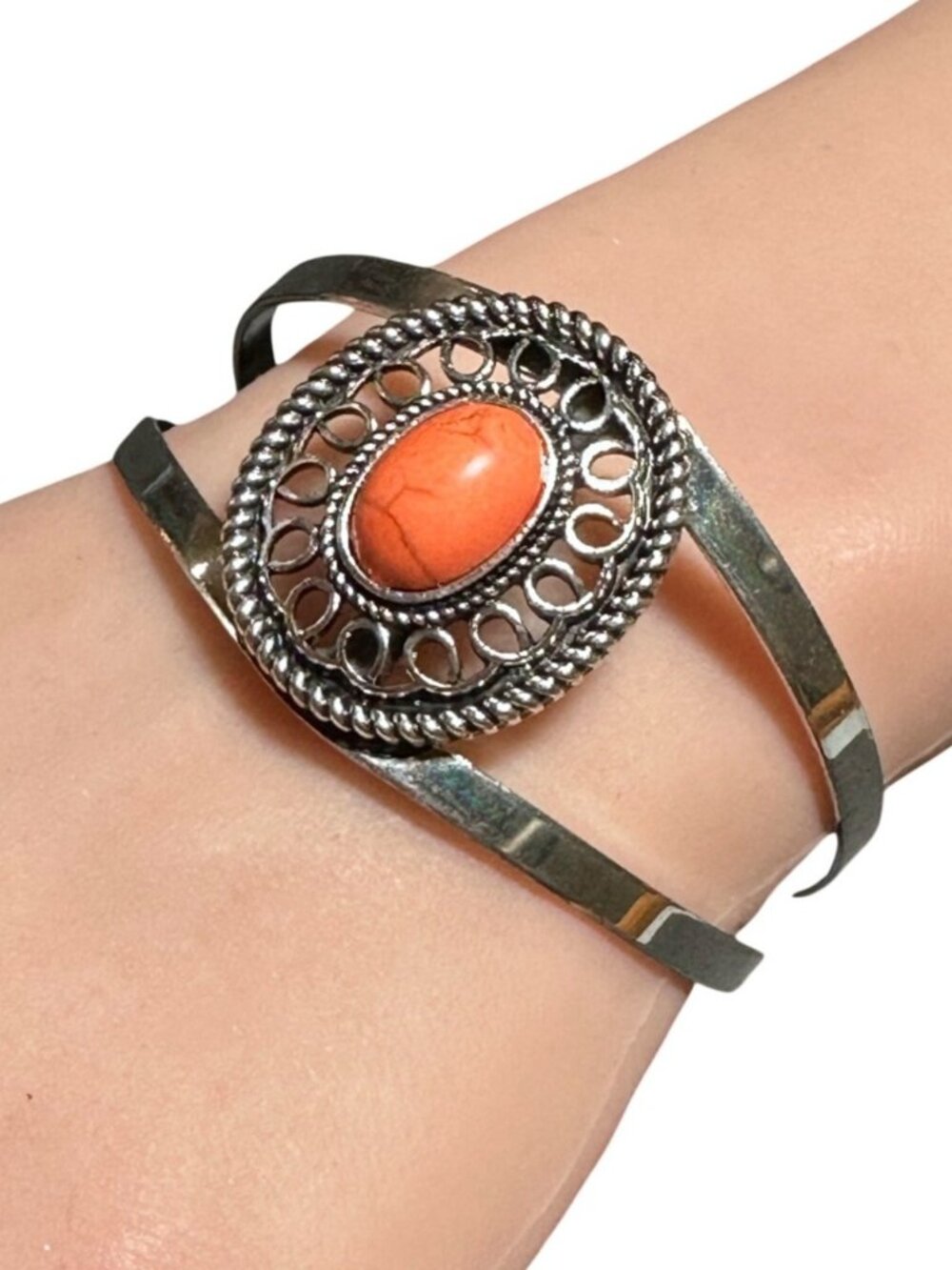 Western Style Cuff Bracelet Silver Tone Orange Stone Center Womens Jewelry NWOT